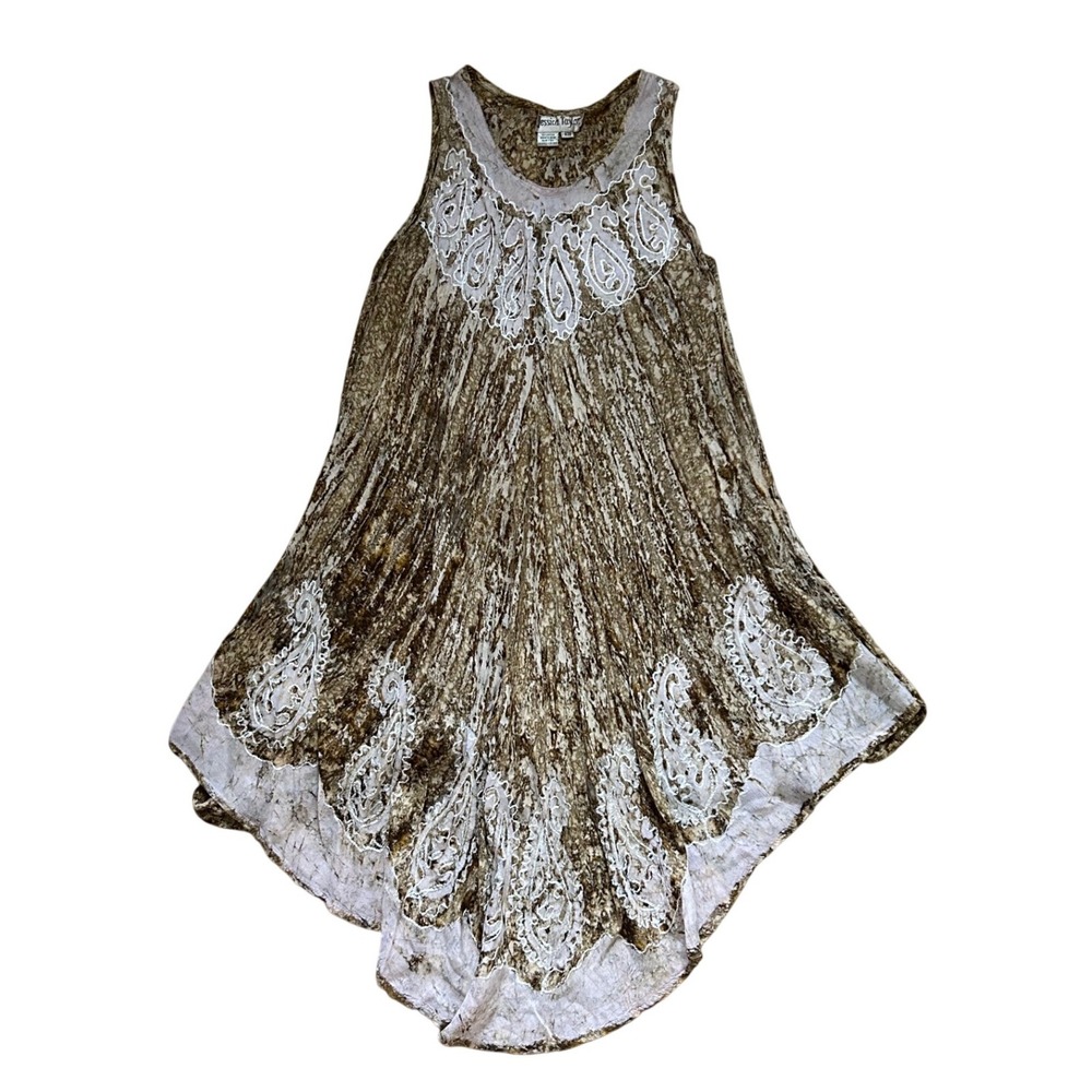 Boho Brown‎ White Paisley Embroidered Handkerchief Hem Dress OS hippie festival